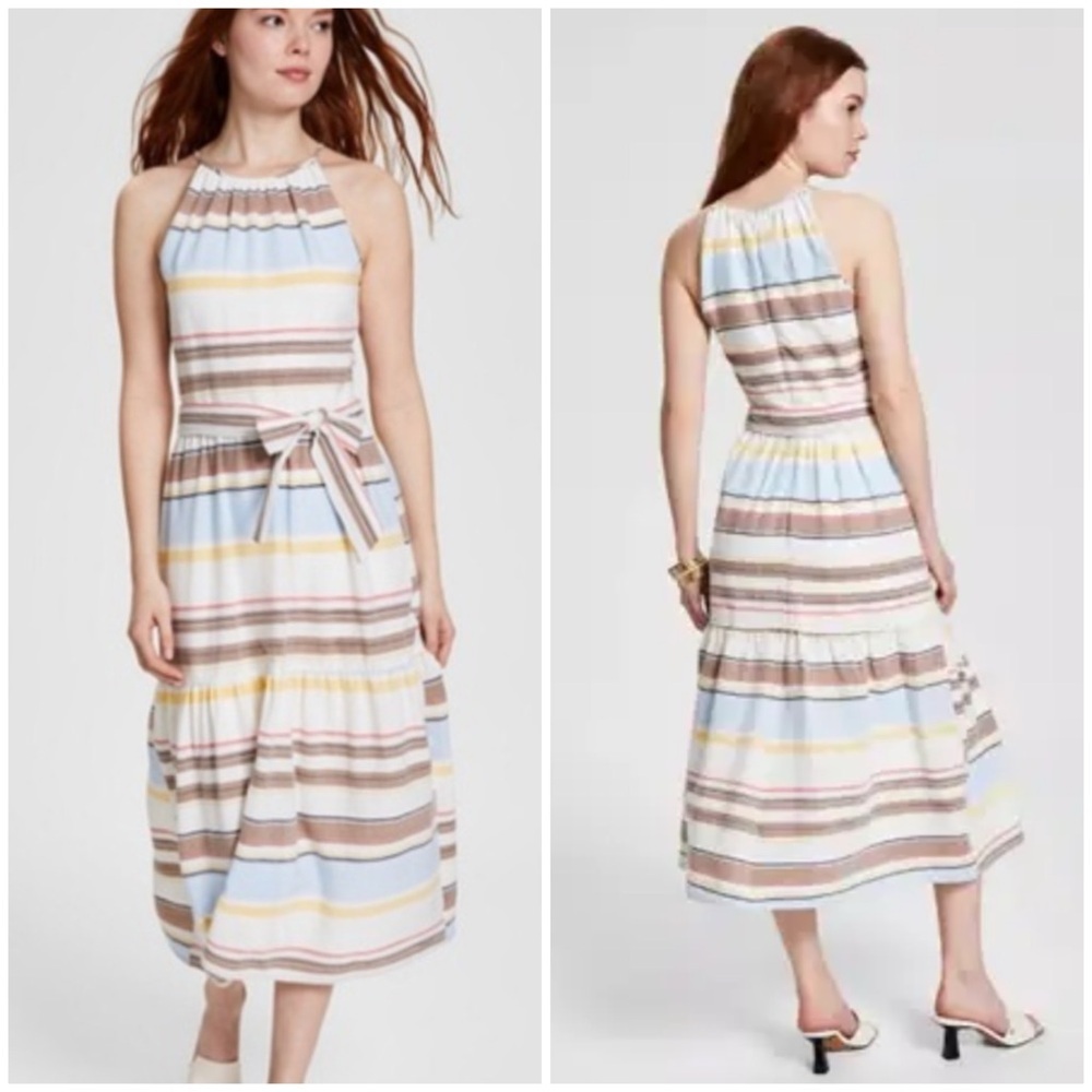 Dkny Tan and Blue Halter Maxi Sundress lined, 100 cotton SZ 12